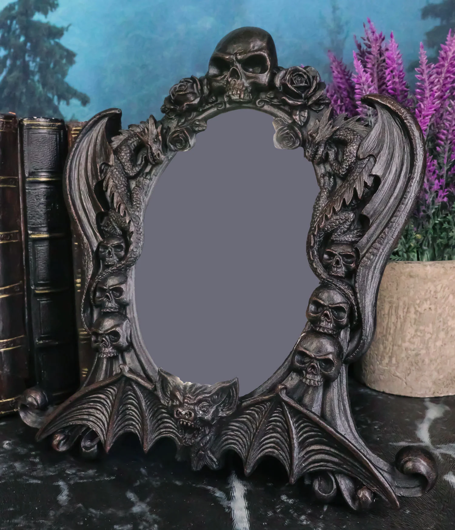 Gothic Nosferatu Vampire Dragons Bat Skulls Roses Table Or Wall Hanging Mirror - Image 9