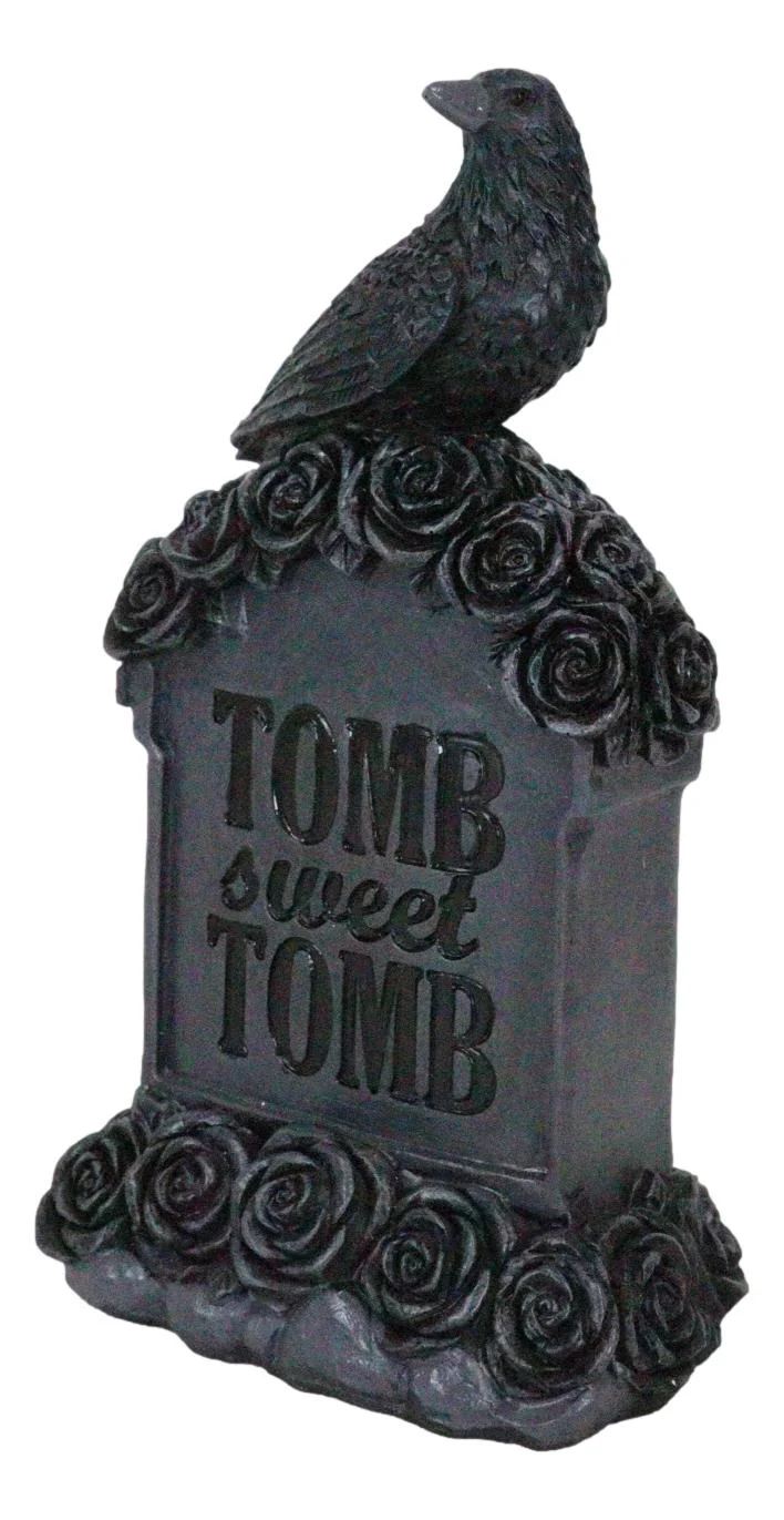 Gothic Raven Crow Perching On Black Roses Graveyard Tomb Headstone Figurine - Image 3