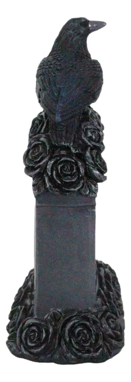 Gothic Raven Crow Perching On Black Roses Graveyard Tomb Headstone Figurine - Image 6