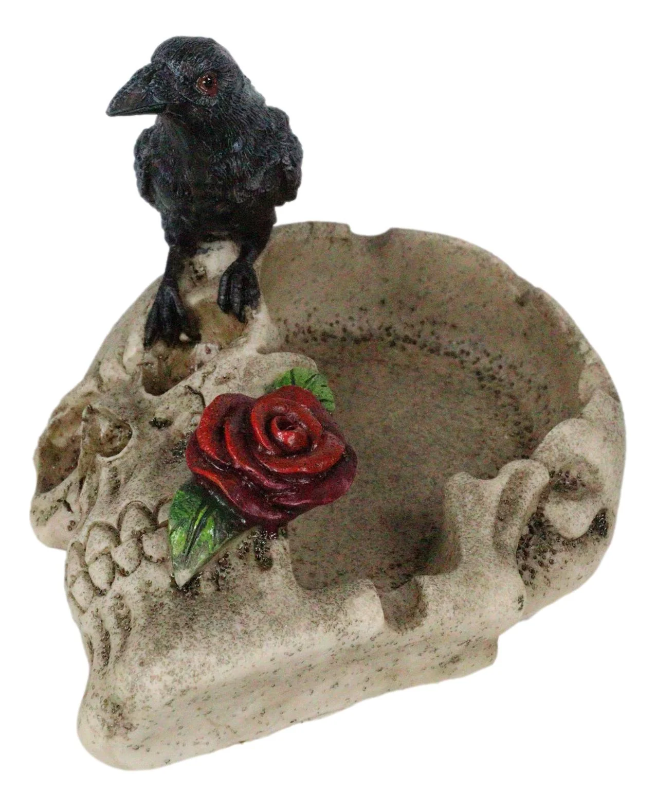 Gothic Raven Crow Perching On Rose Skull Cigarette Ashtray Jewelry Dish Figurine - Image 2
