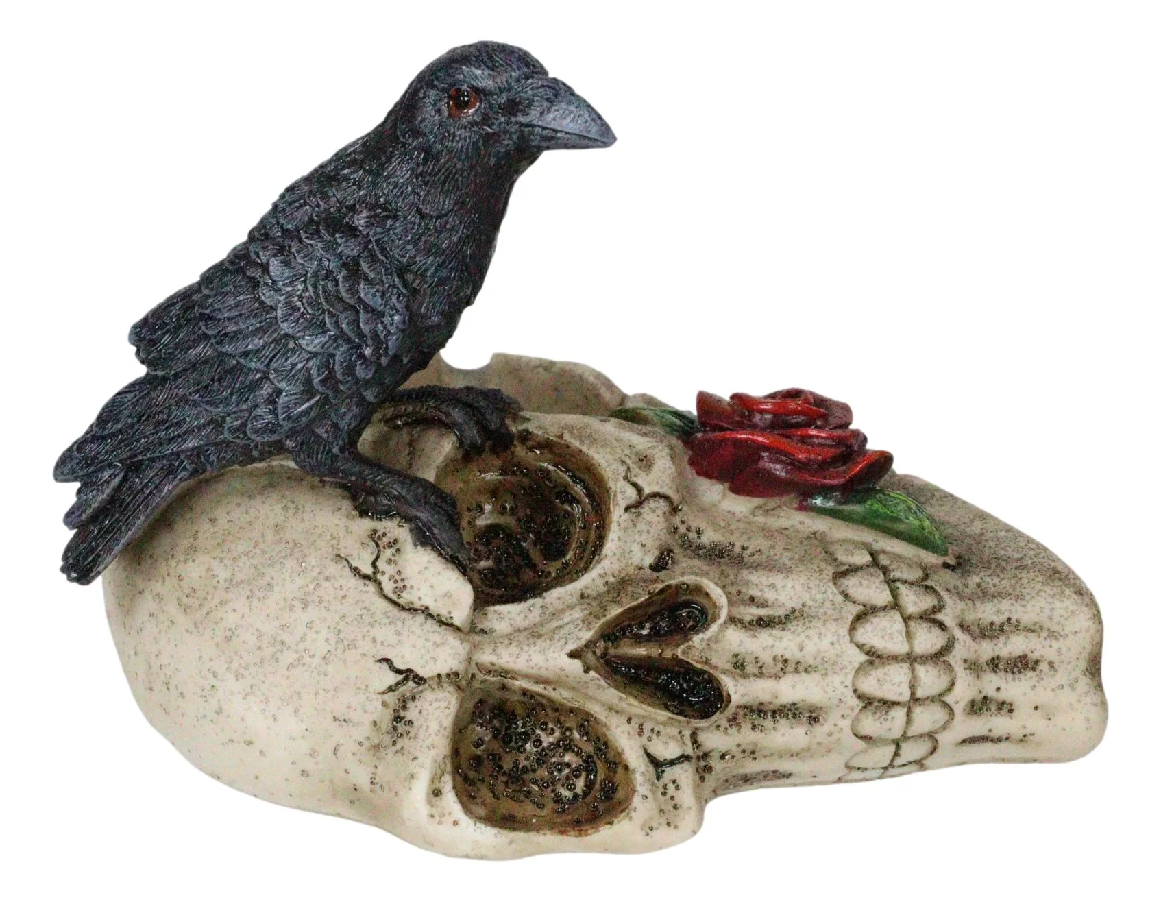 Gothic Raven Crow Perching On Rose Skull Cigarette Ashtray Jewelry Dish Figurine - Image 3