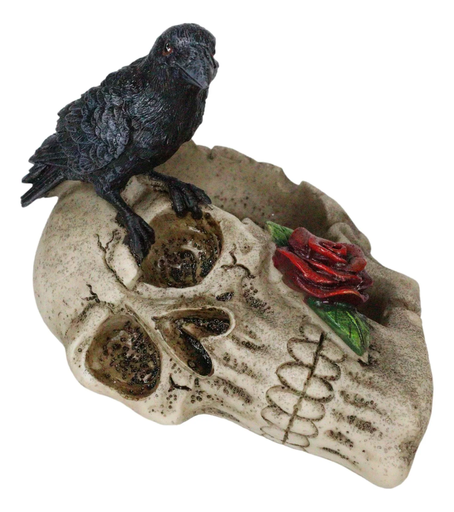 Gothic Raven Crow Perching On Rose Skull Cigarette Ashtray Jewelry Dish Figurine - Image 4