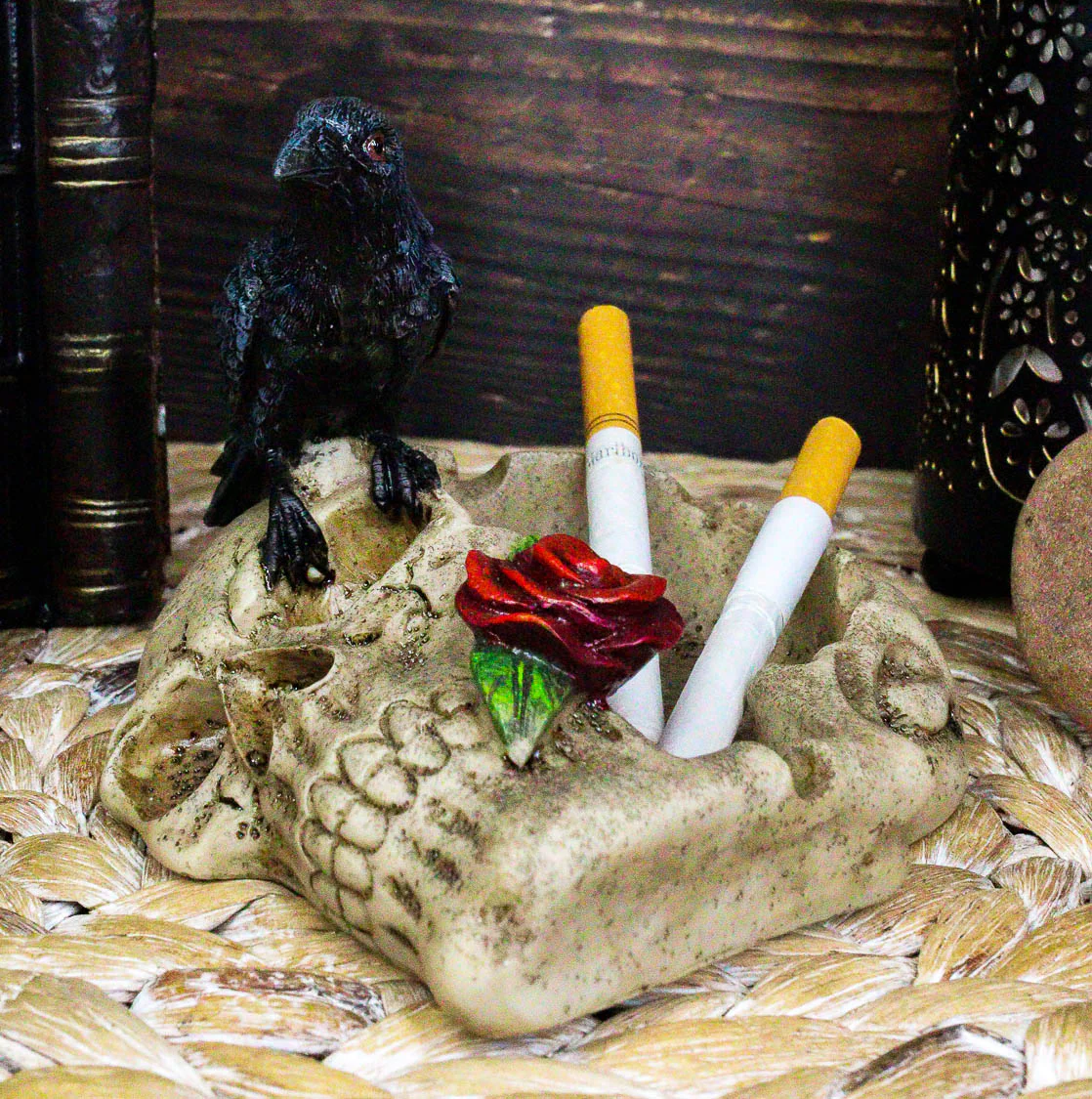 Gothic Raven Crow Perching On Rose Skull Cigarette Ashtray Jewelry Dish Figurine - Image 7