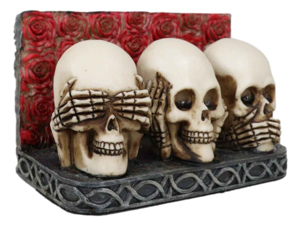 Gothic See Hear Speak No Evil Skulls By Red Roses Business Cards Holder Figurine - Image 4