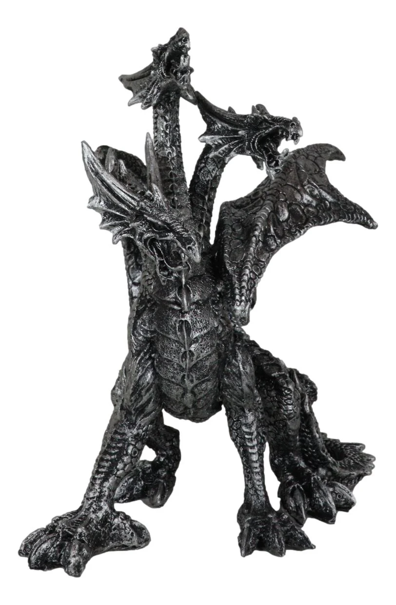 Gothic Silver Three Headed Dragon Hydra Roaring Statue 8" Tall Figurine Decor - Image 7