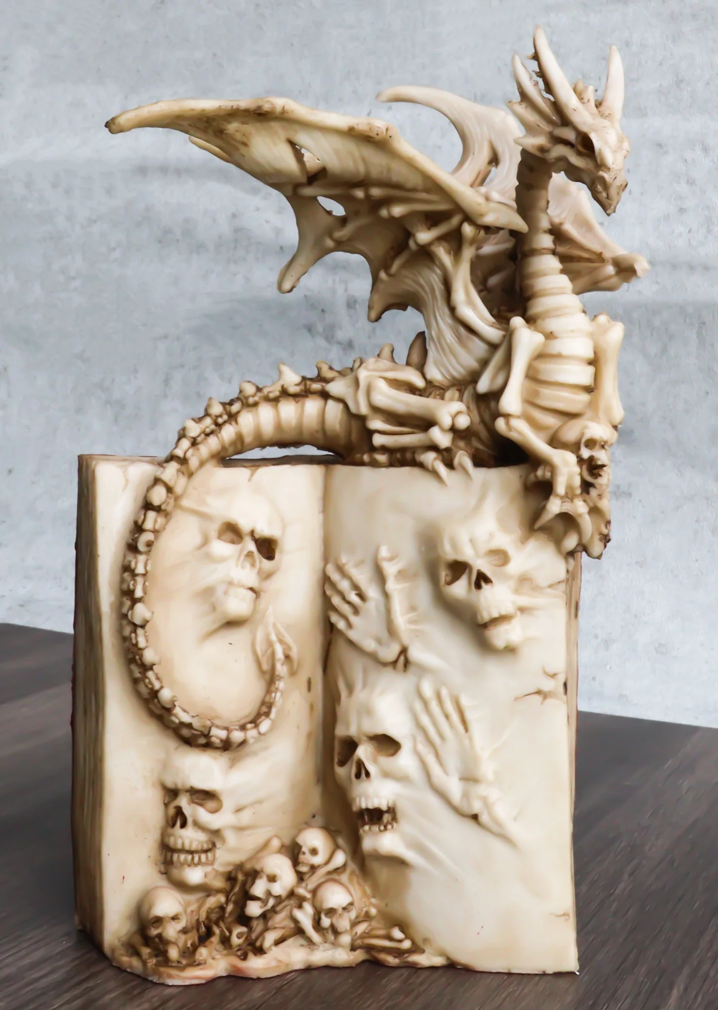 Gothic Skeleton Dragon On Spell Book Of The Dead Skulls And Bone Hands Figurine - Image 10