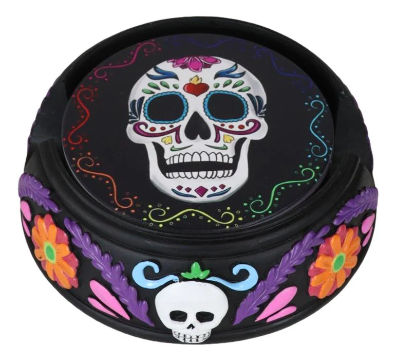 Gothic Tribal Tattoo Sugar Skulls Floral Day Of The Dead Coasters And Holder Set - Image 4