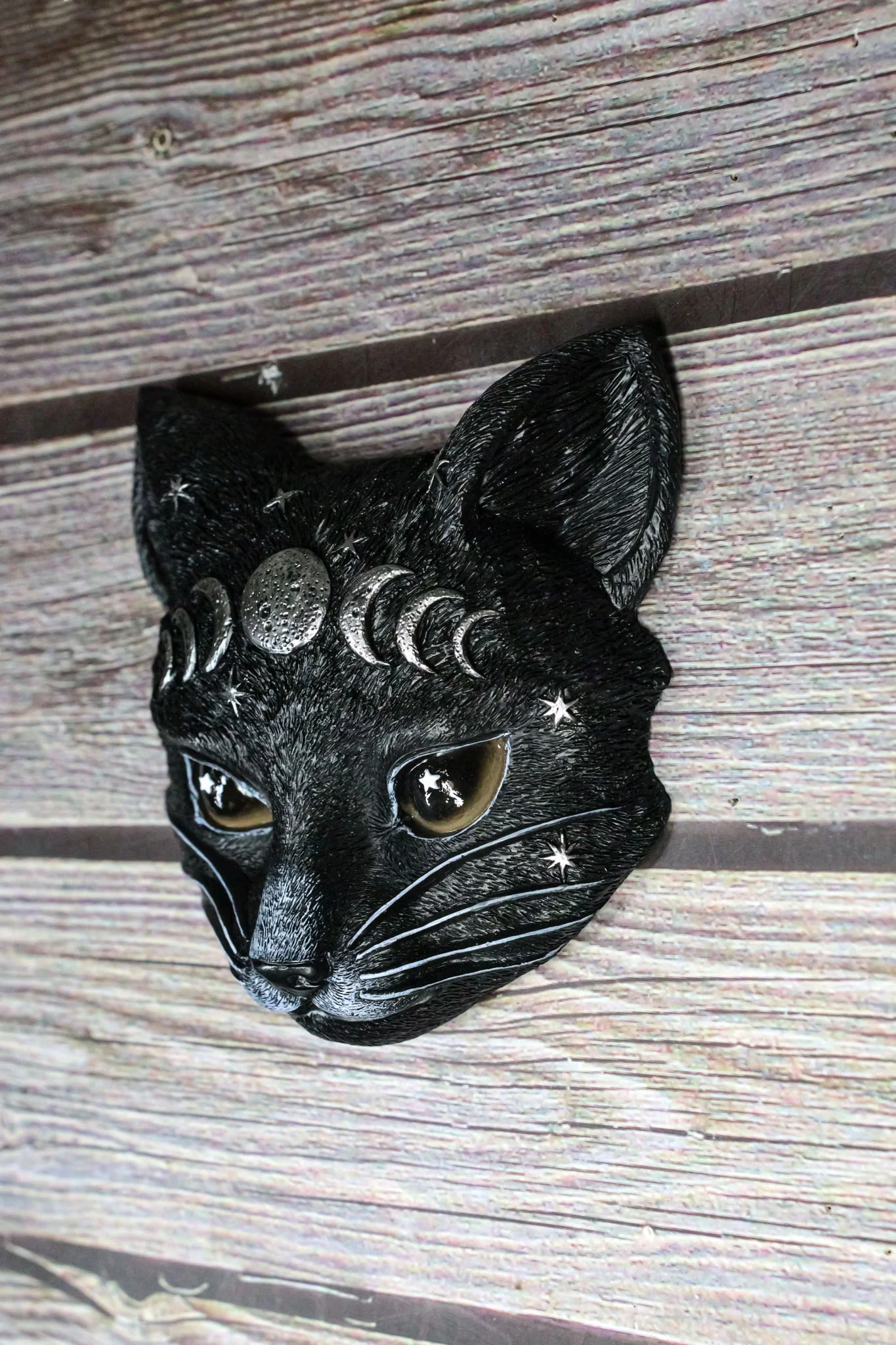 Gothic WIcca Mystic Moon Cat Masque Ornament On Pole Stand Or Wall Sculpture - Image 8