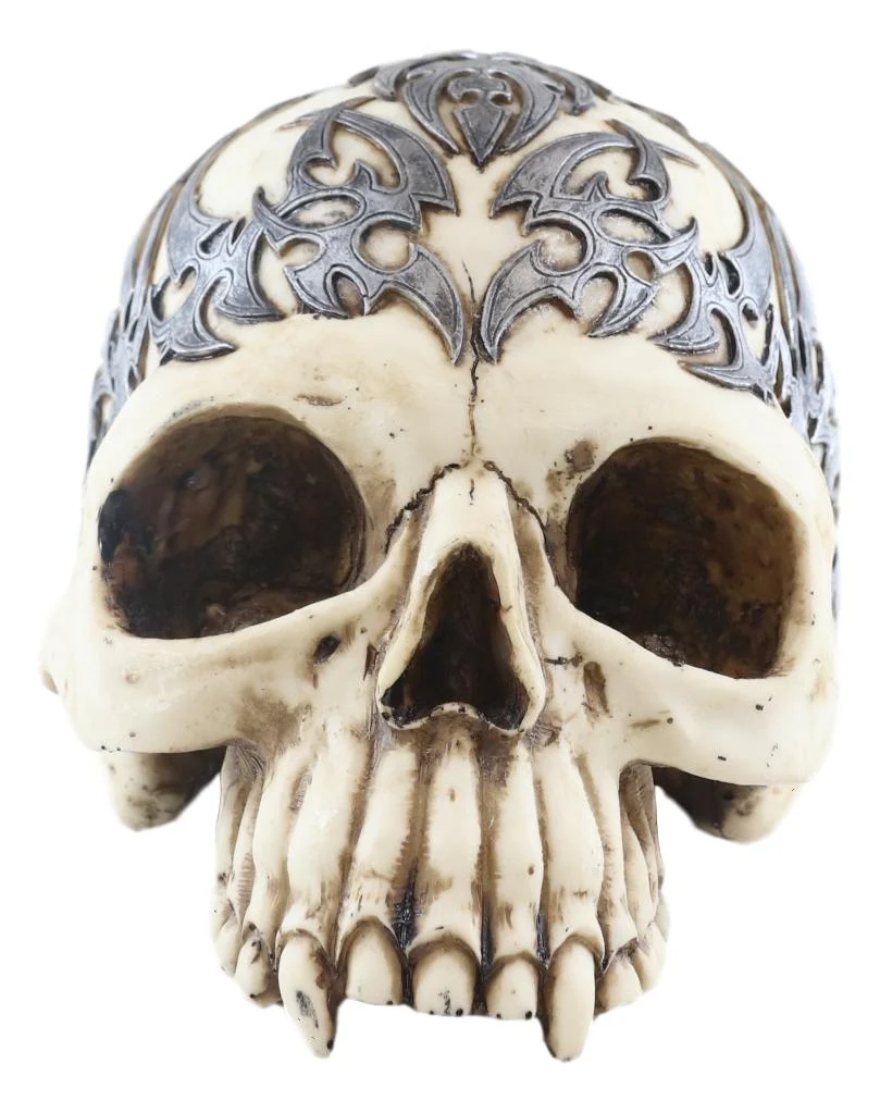 Graveyard Celtic Silver Lining Tribal Tattoo Half Homosapien Skull Figurine - Image 3