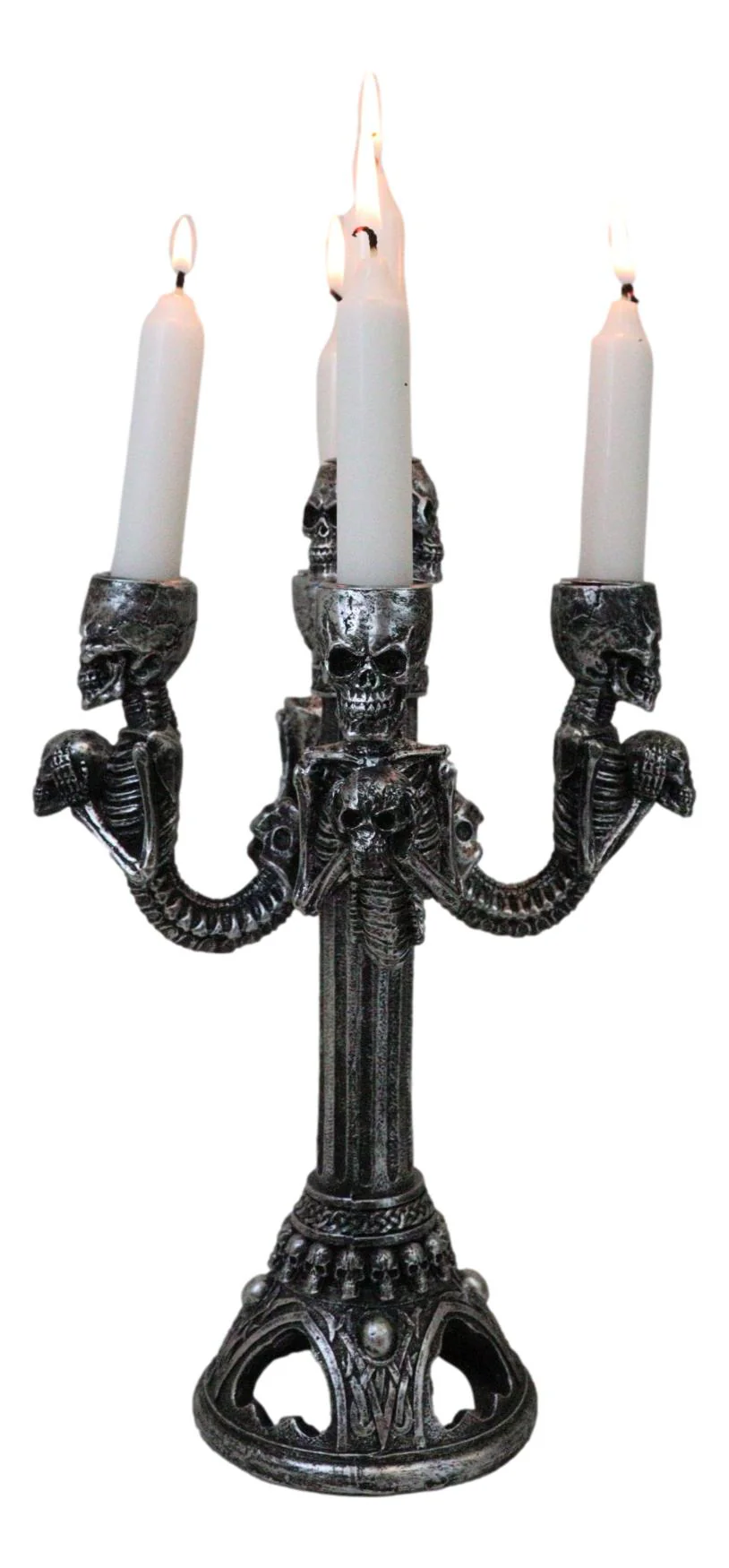 Graveyard Skulls & Skeleton Spine Bones Candelabra Penta 5-Candlestick Holder - Image 2