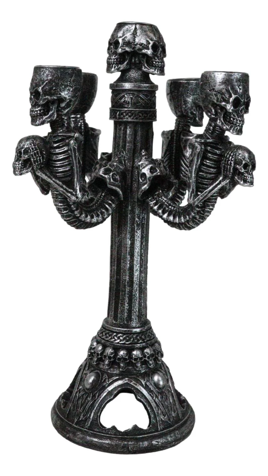 Graveyard Skulls & Skeleton Spine Bones Candelabra Penta 5-Candlestick Holder - Image 5