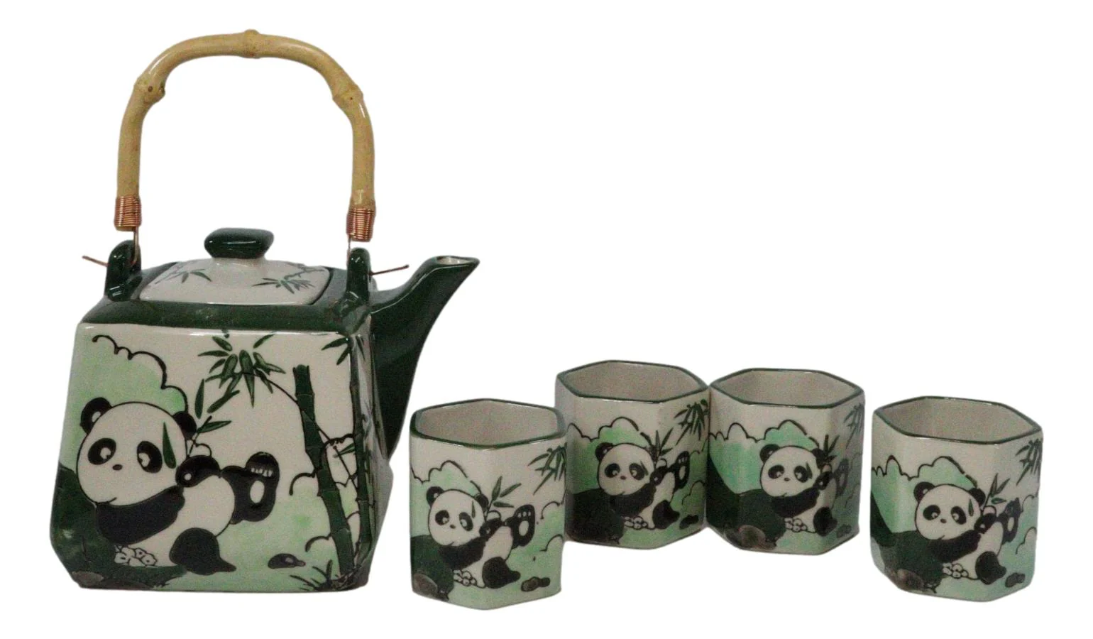 Green Bamboo Lucky Panda Bear Ceramic Hexagonal Teapot With 4 Tea Cups Set - Image 2