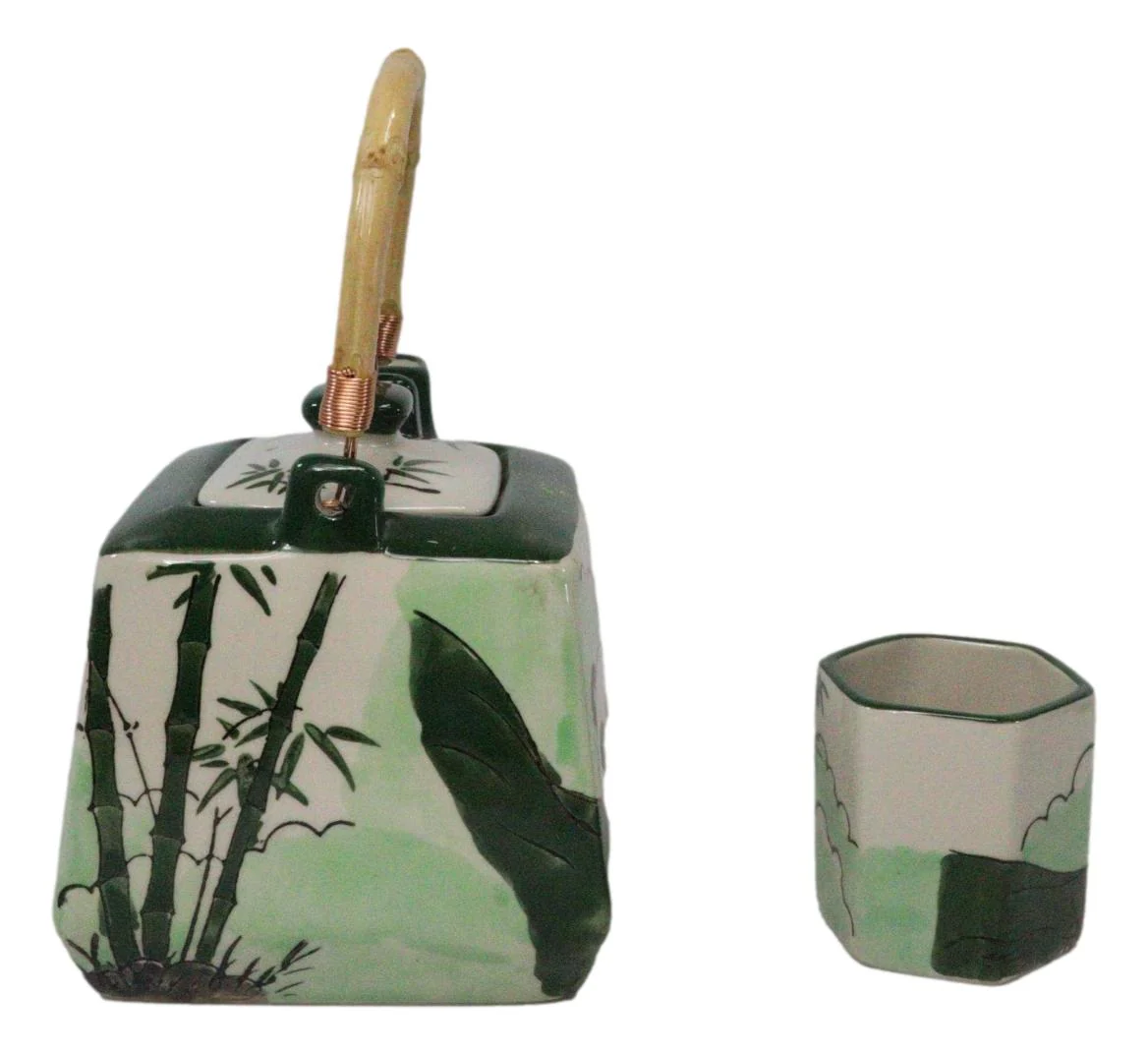 Green Bamboo Lucky Panda Bear Ceramic Hexagonal Teapot With 4 Tea Cups Set - Image 3