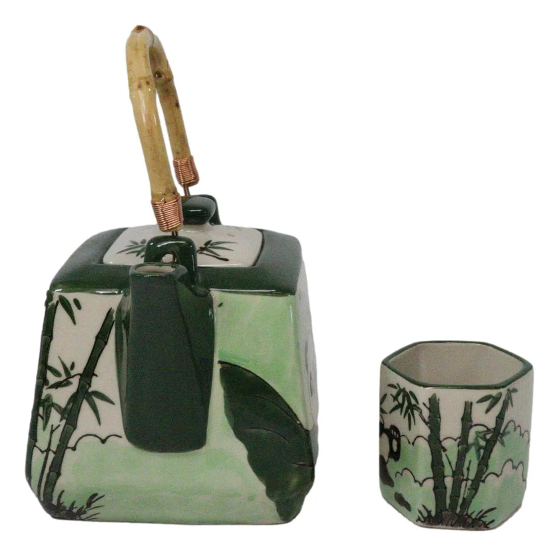 Green Bamboo Lucky Panda Bear Ceramic Hexagonal Teapot With 4 Tea Cups Set - Image 4