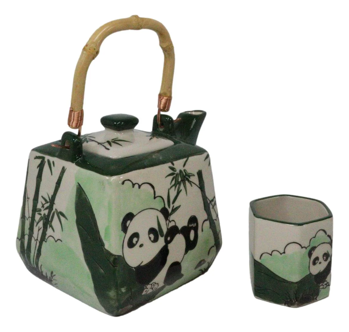 Green Bamboo Lucky Panda Bear Ceramic Hexagonal Teapot With 4 Tea Cups Set - Image 5