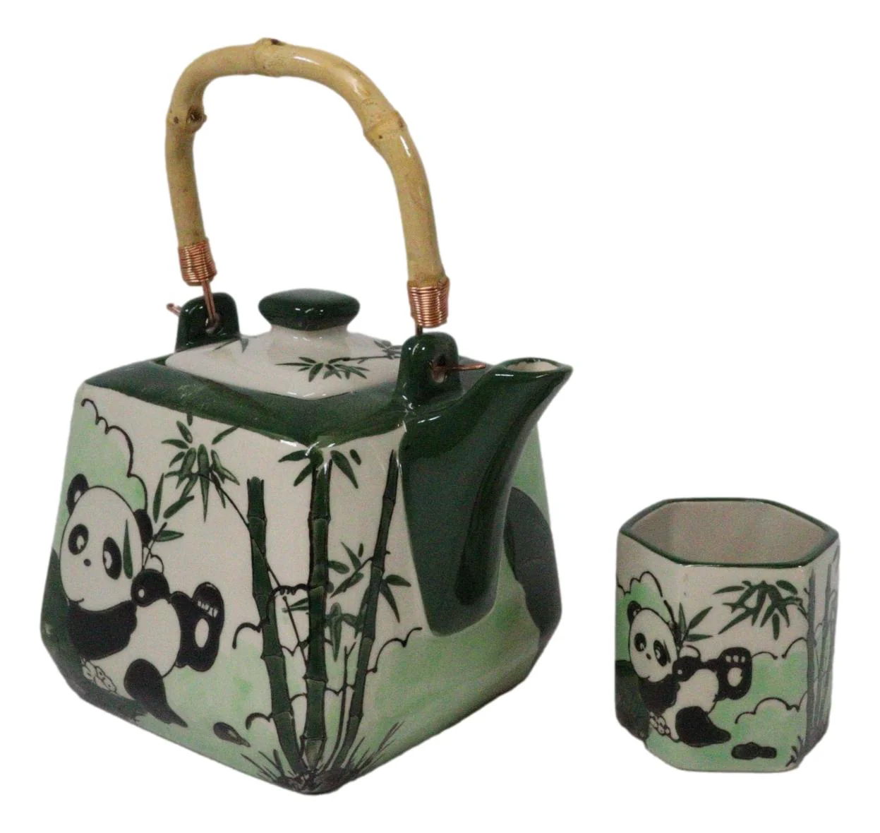 Green Bamboo Lucky Panda Bear Ceramic Hexagonal Teapot With 4 Tea Cups Set - Image 6