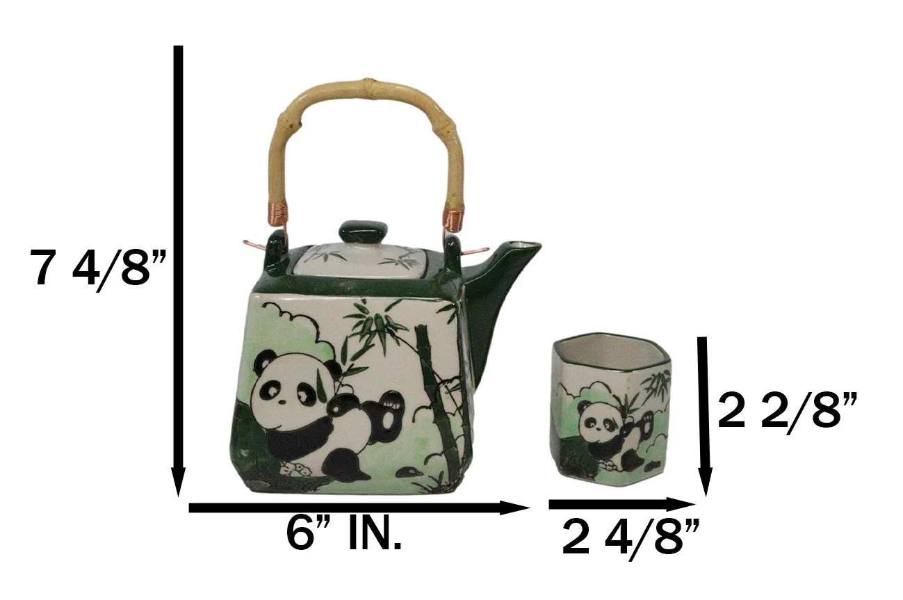 Green Bamboo Lucky Panda Bear Ceramic Hexagonal Teapot With 4 Tea Cups Set - Image 7