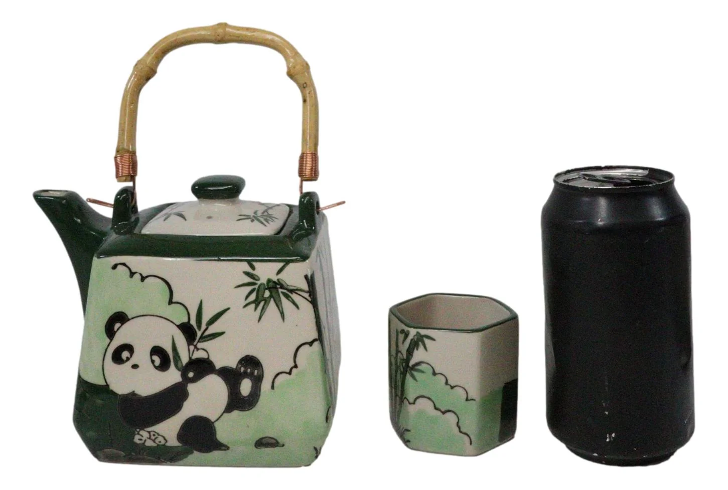Green Bamboo Lucky Panda Bear Ceramic Hexagonal Teapot With 4 Tea Cups Set - Image 8