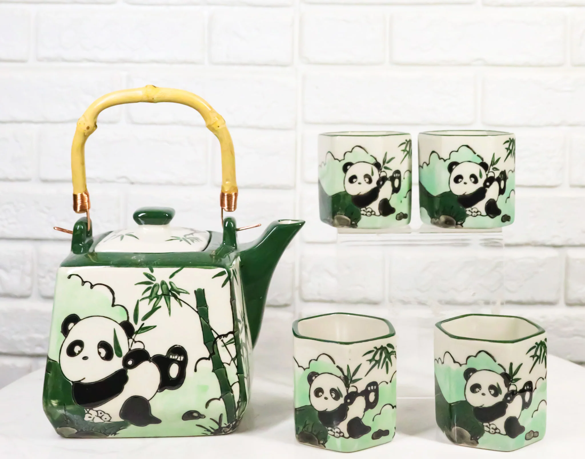 Green Bamboo Lucky Panda Bear Ceramic Hexagonal Teapot With 4 Tea Cups Set - Image 9