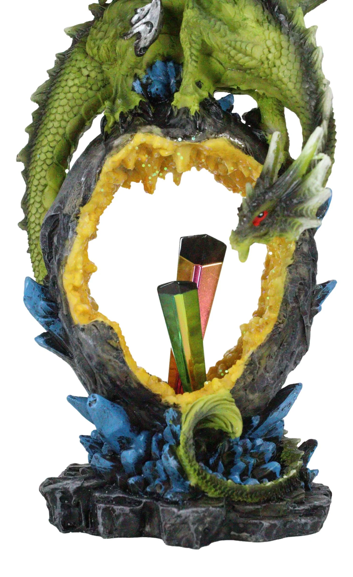 Green Dragon Guarding Faux Geode Crystal Arch Rock With Rainbow Icicle Figurine - Image 10