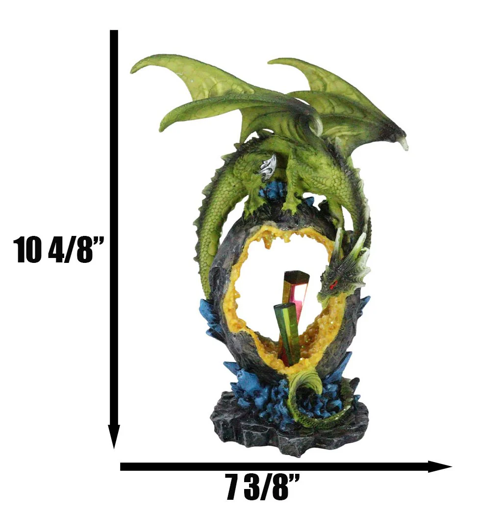 Green Dragon Guarding Faux Geode Crystal Arch Rock With Rainbow Icicle Figurine - Image 2