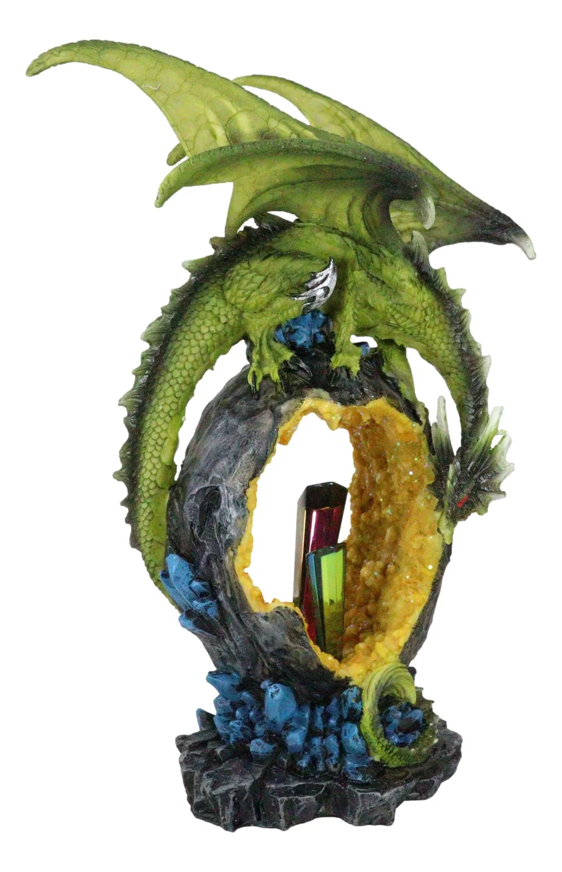 Green Dragon Guarding Faux Geode Crystal Arch Rock With Rainbow Icicle Figurine - Image 3