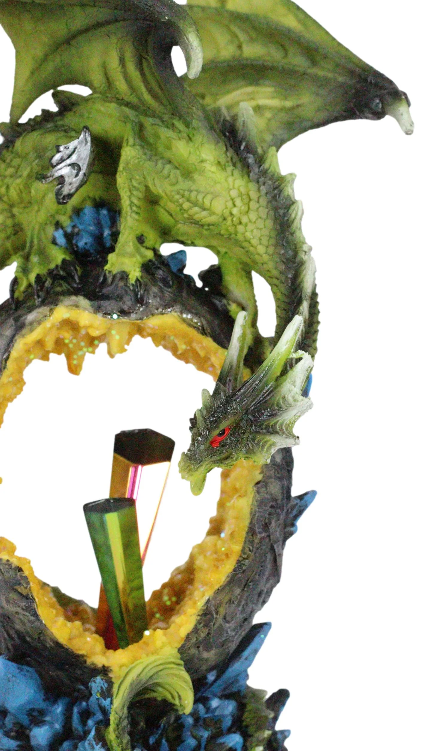 Green Dragon Guarding Faux Geode Crystal Arch Rock With Rainbow Icicle Figurine - Image 5