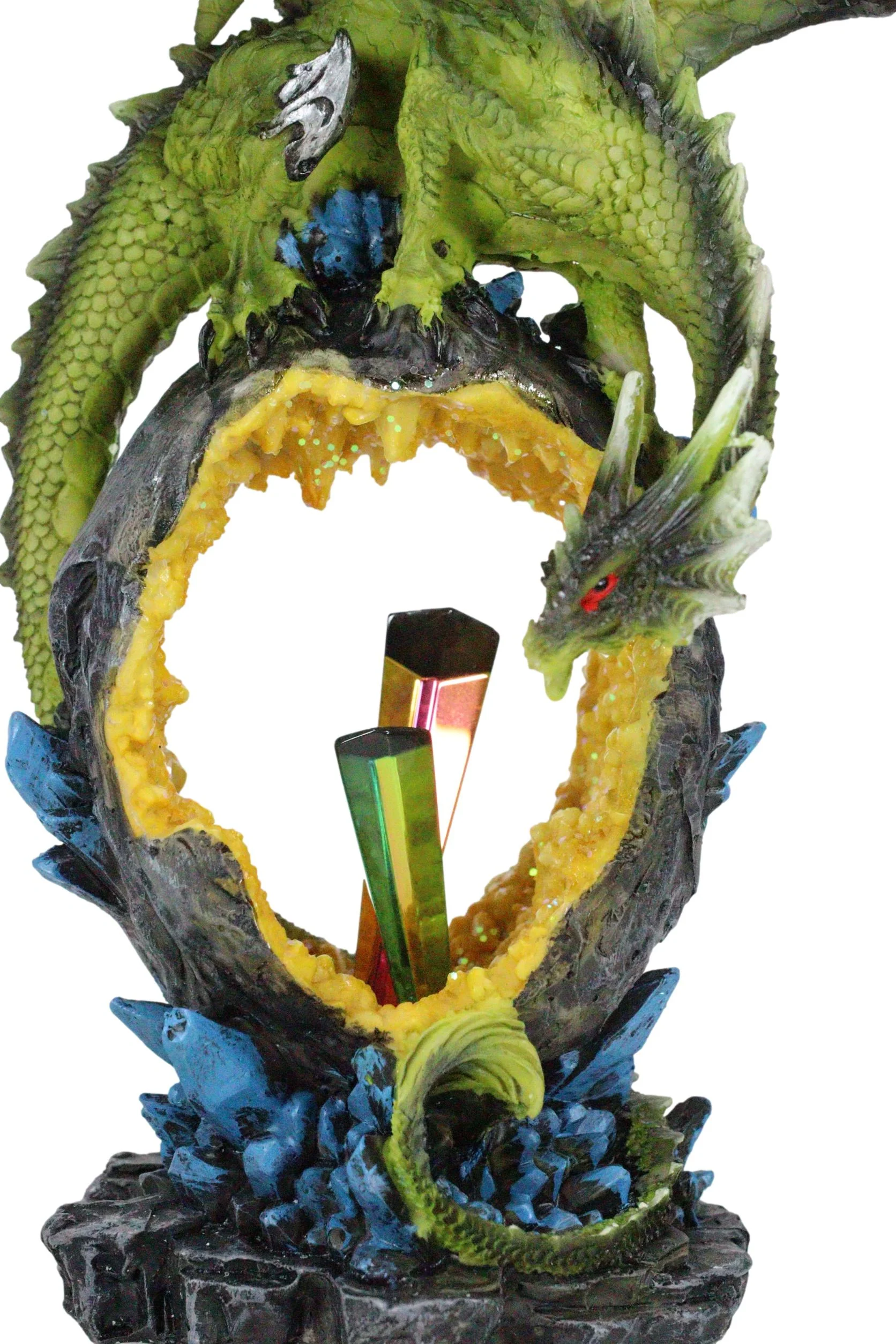 Green Dragon Guarding Faux Geode Crystal Arch Rock With Rainbow Icicle Figurine - Image 8