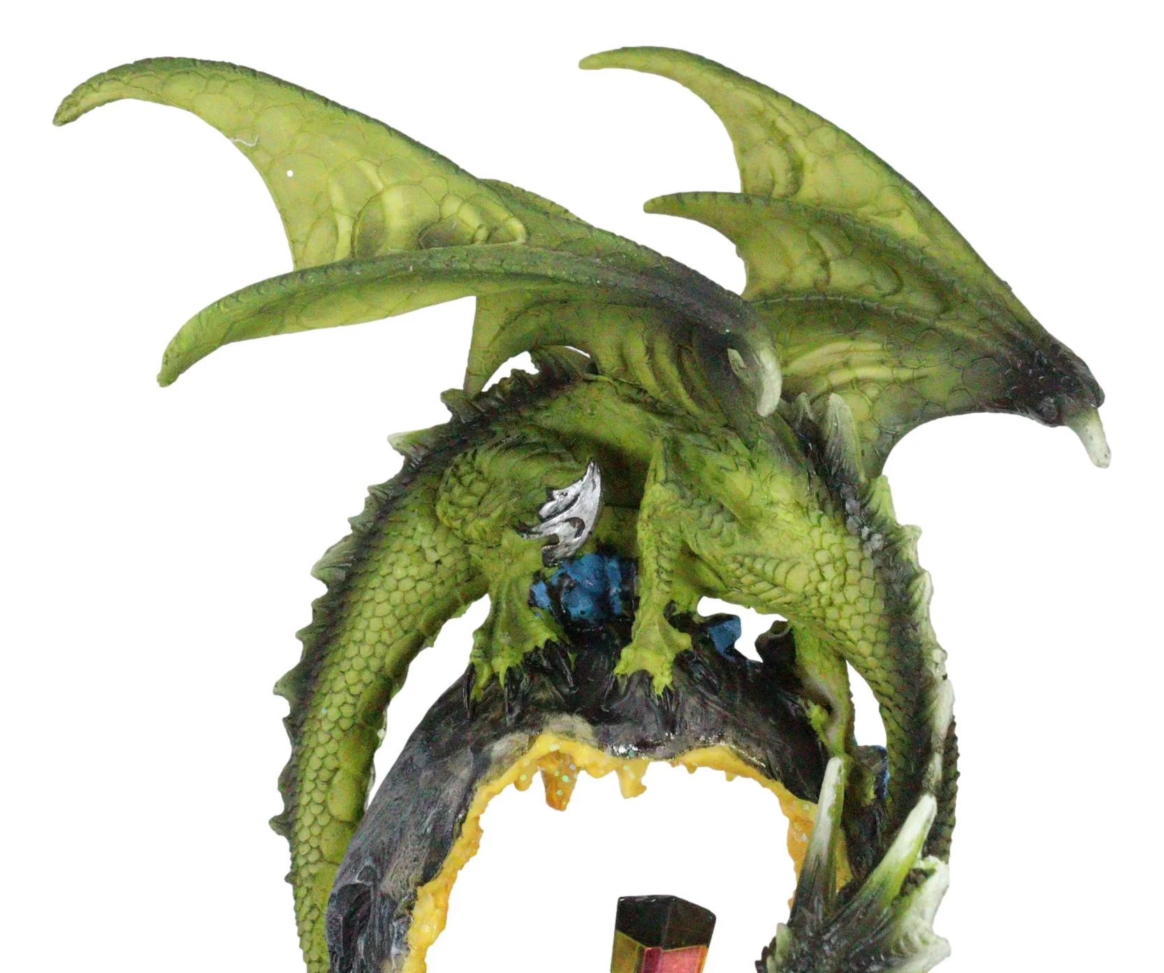 Green Dragon Guarding Faux Geode Crystal Arch Rock With Rainbow Icicle Figurine - Image 9