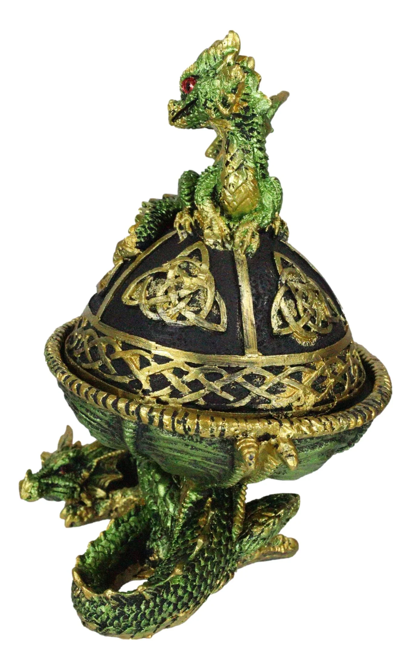 Green Dragon Mother With Hatchling On Celtic Knotwork Dome Egg Decorative Box - Image 4