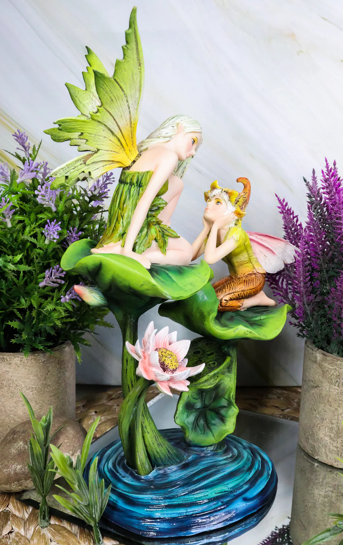 Green Pixie Tribal Fairy Sharing Thoughts with Buddy Elf by Lily Pond Figurine - Image 7