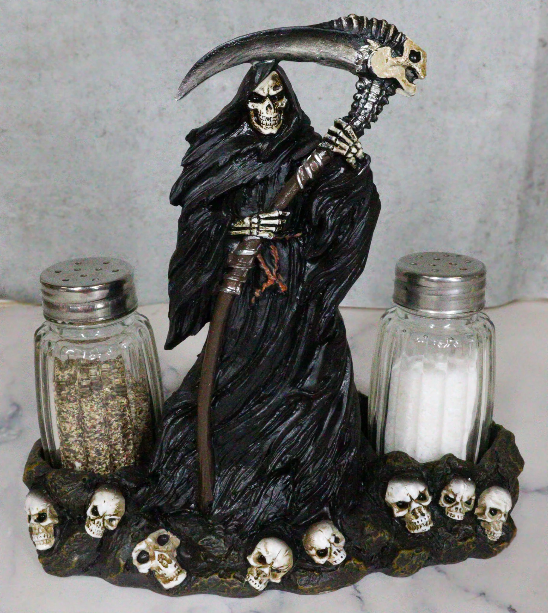 Grim Reaper Standing On Skull Graveyard Salt & Pepper Shakers Holder Set - Image 10