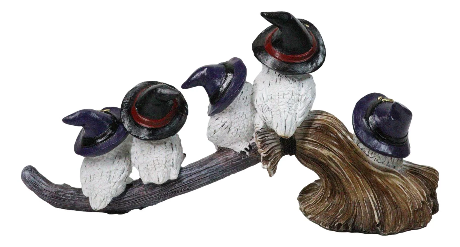 Halloween 5 Snow Owls and Owlets with Witch Hats Perching On Broomstick Figurine - Image 3