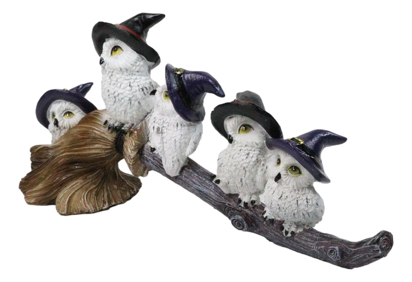 Halloween 5 Snow Owls and Owlets with Witch Hats Perching On Broomstick Figurine - Image 4