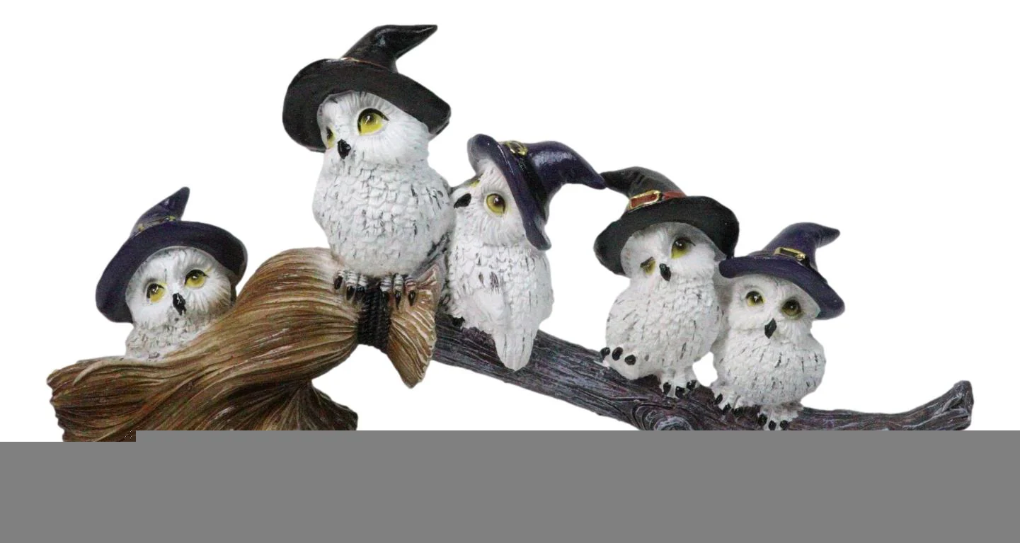 Halloween 5 Snow Owls and Owlets with Witch Hats Perching On Broomstick Figurine - Image 6