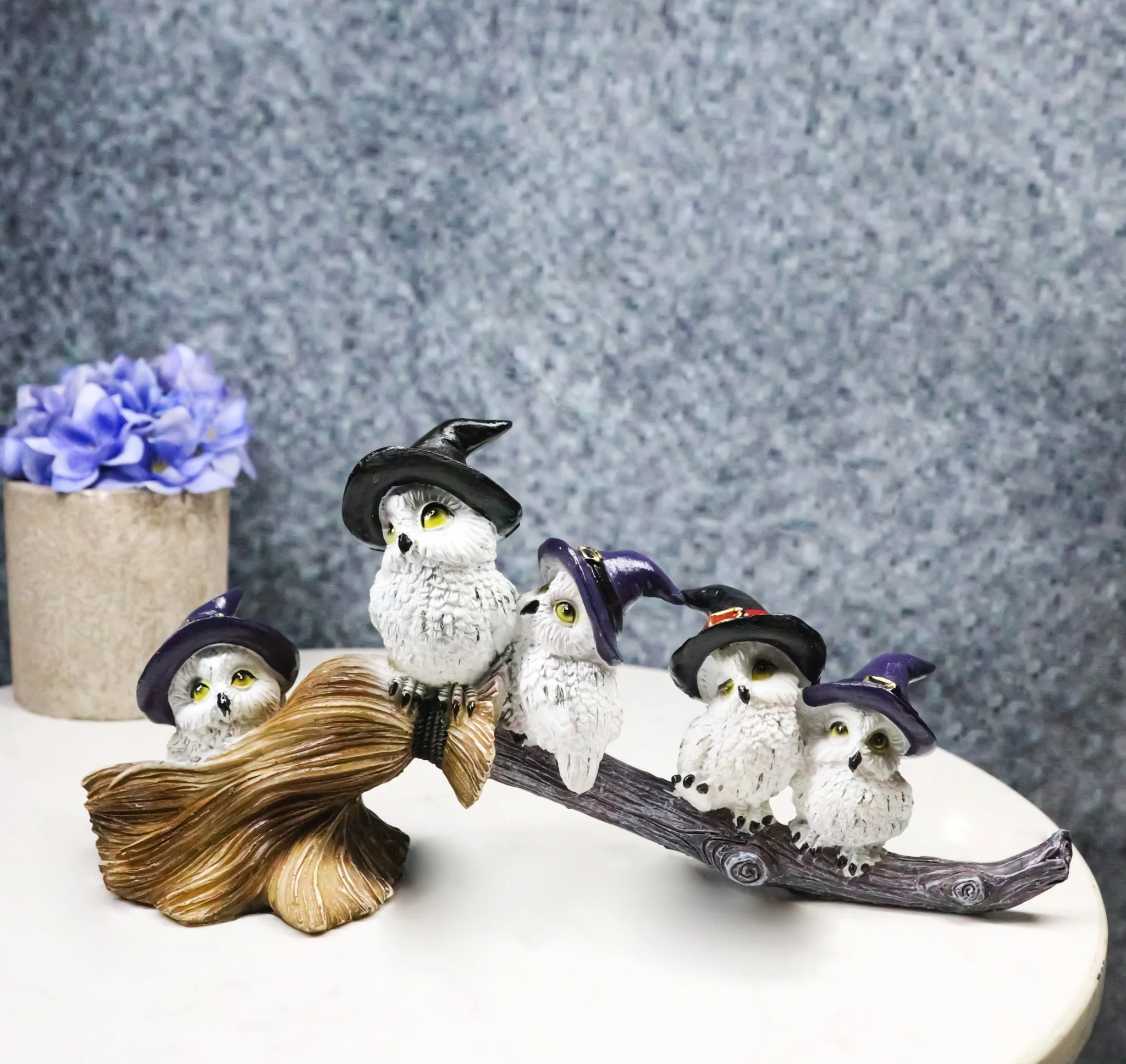 Halloween 5 Snow Owls and Owlets with Witch Hats Perching On Broomstick Figurine - Image 8