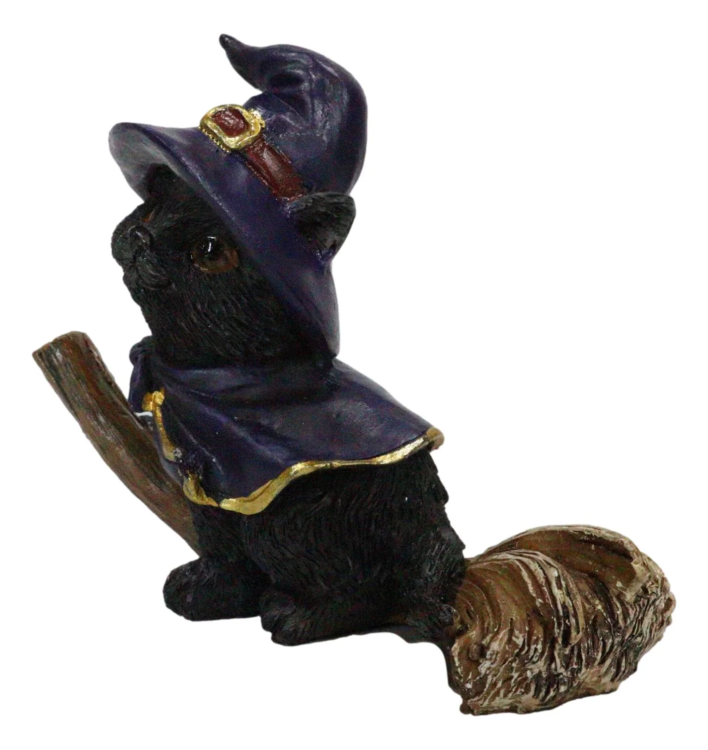 Halloween Black Cat with Witch Hat and Cape Riding Magical Broomstick Figurine - Image 2