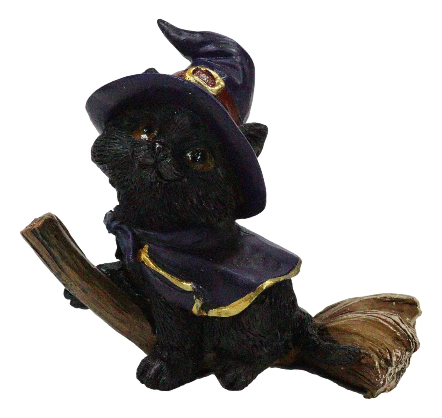 Halloween Black Cat with Witch Hat and Cape Riding Magical Broomstick Figurine - Image 3