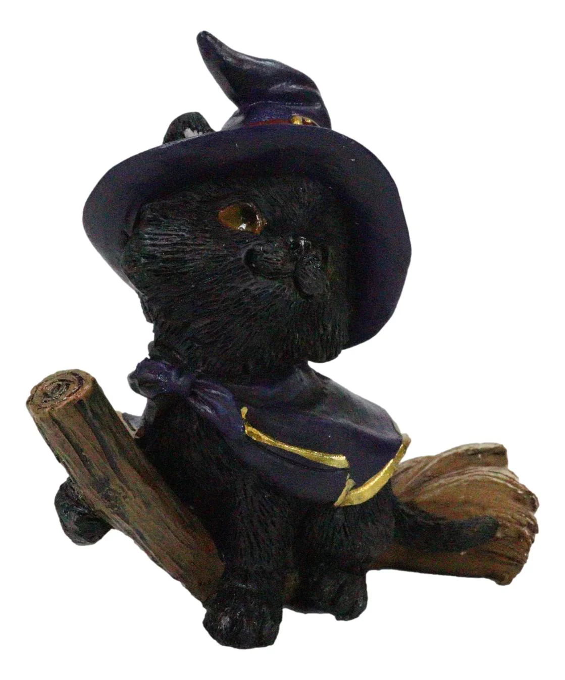 Halloween Black Cat with Witch Hat and Cape Riding Magical Broomstick Figurine - Image 4