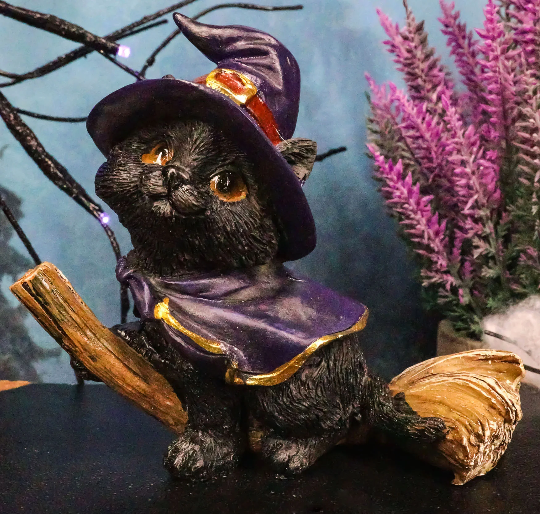 Halloween Black Cat with Witch Hat and Cape Riding Magical Broomstick Figurine - Image 8