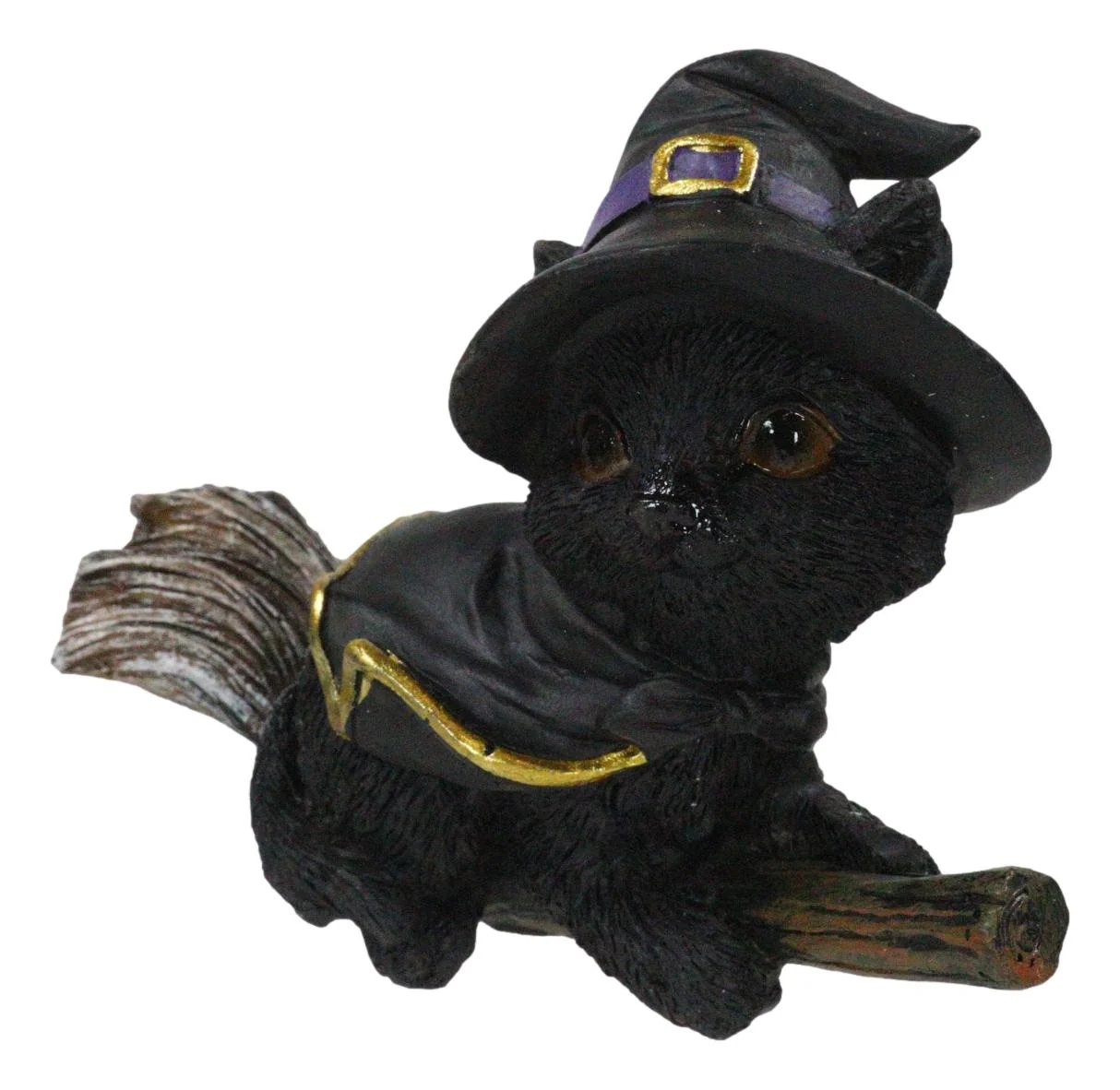 Halloween Black Cat with Witch Hat & Cape Flying On Magical Broomstick Figurine - Image 2