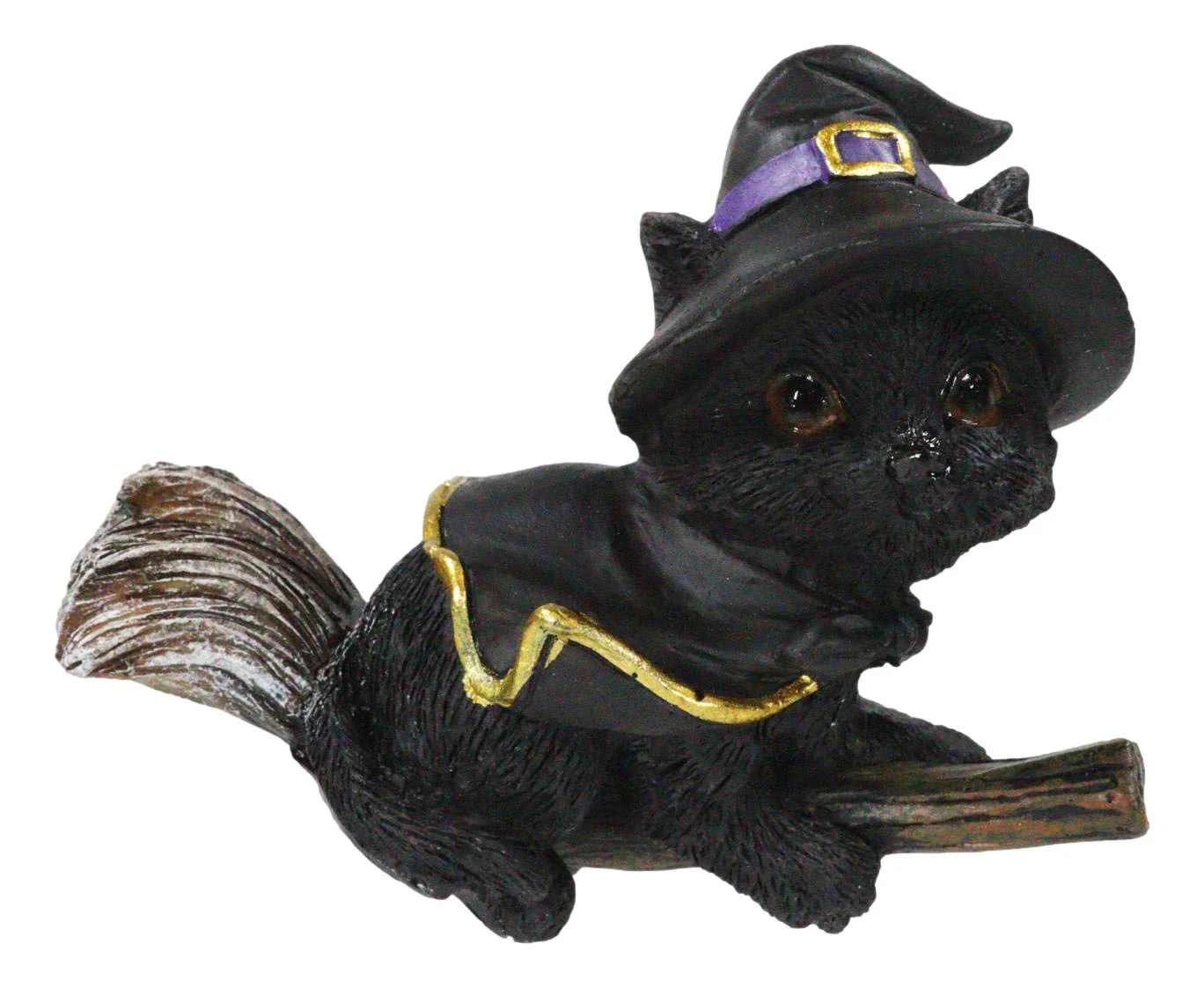 Halloween Black Cat with Witch Hat & Cape Flying On Magical Broomstick Figurine - Image 3