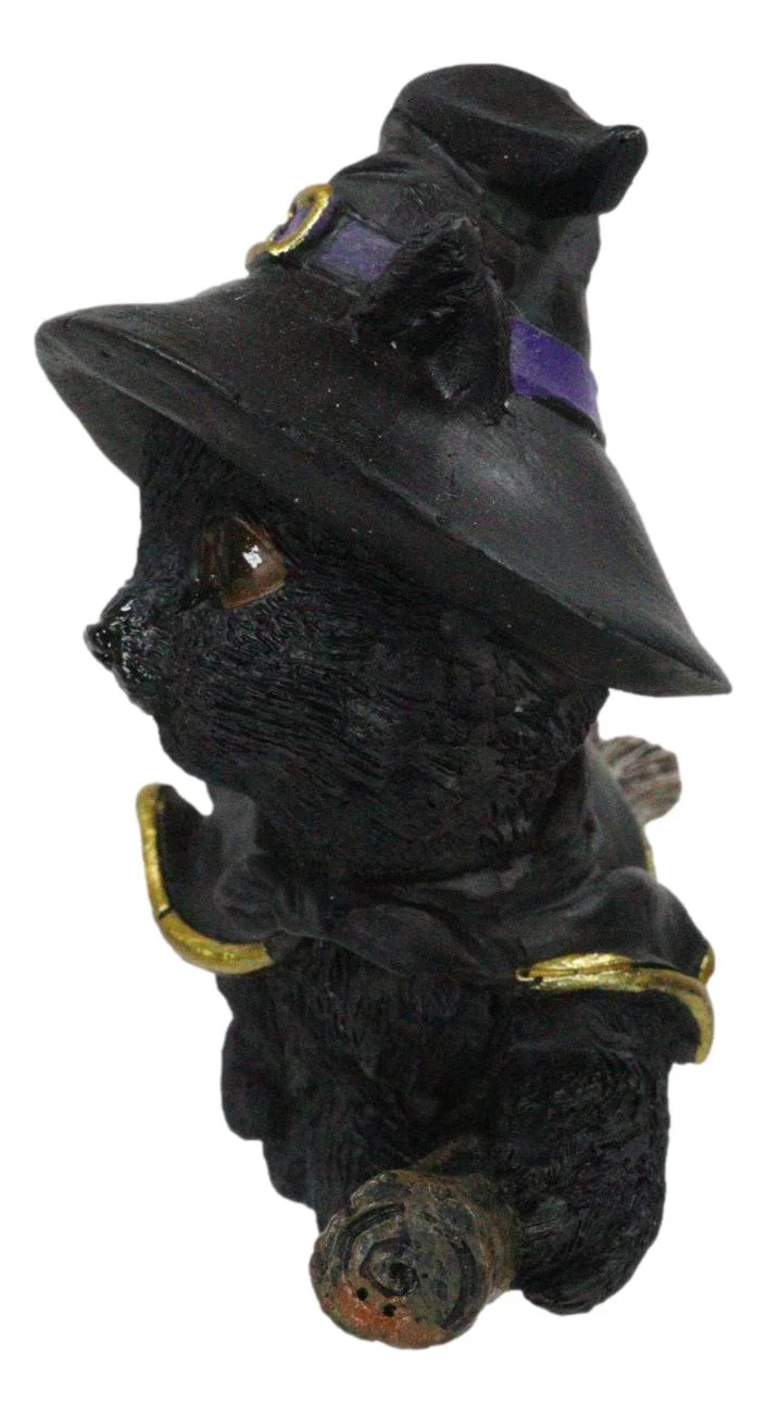 Halloween Black Cat with Witch Hat & Cape Flying On Magical Broomstick Figurine - Image 4