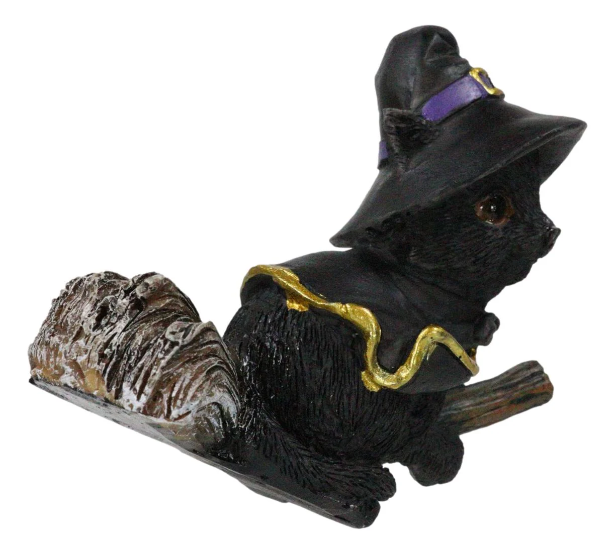 Halloween Black Cat with Witch Hat & Cape Flying On Magical Broomstick Figurine - Image 5