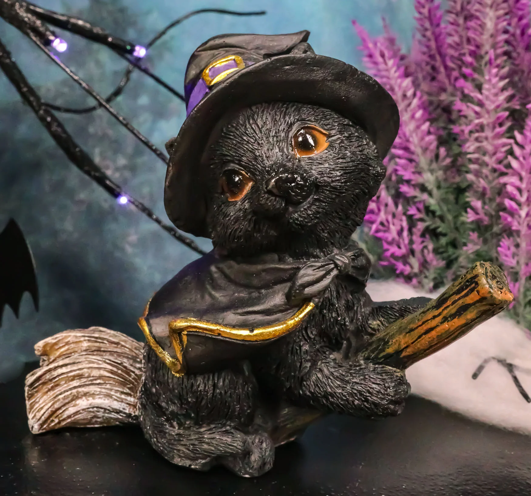 Halloween Black Cat with Witch Hat & Cape Flying On Magical Broomstick Figurine - Image 8