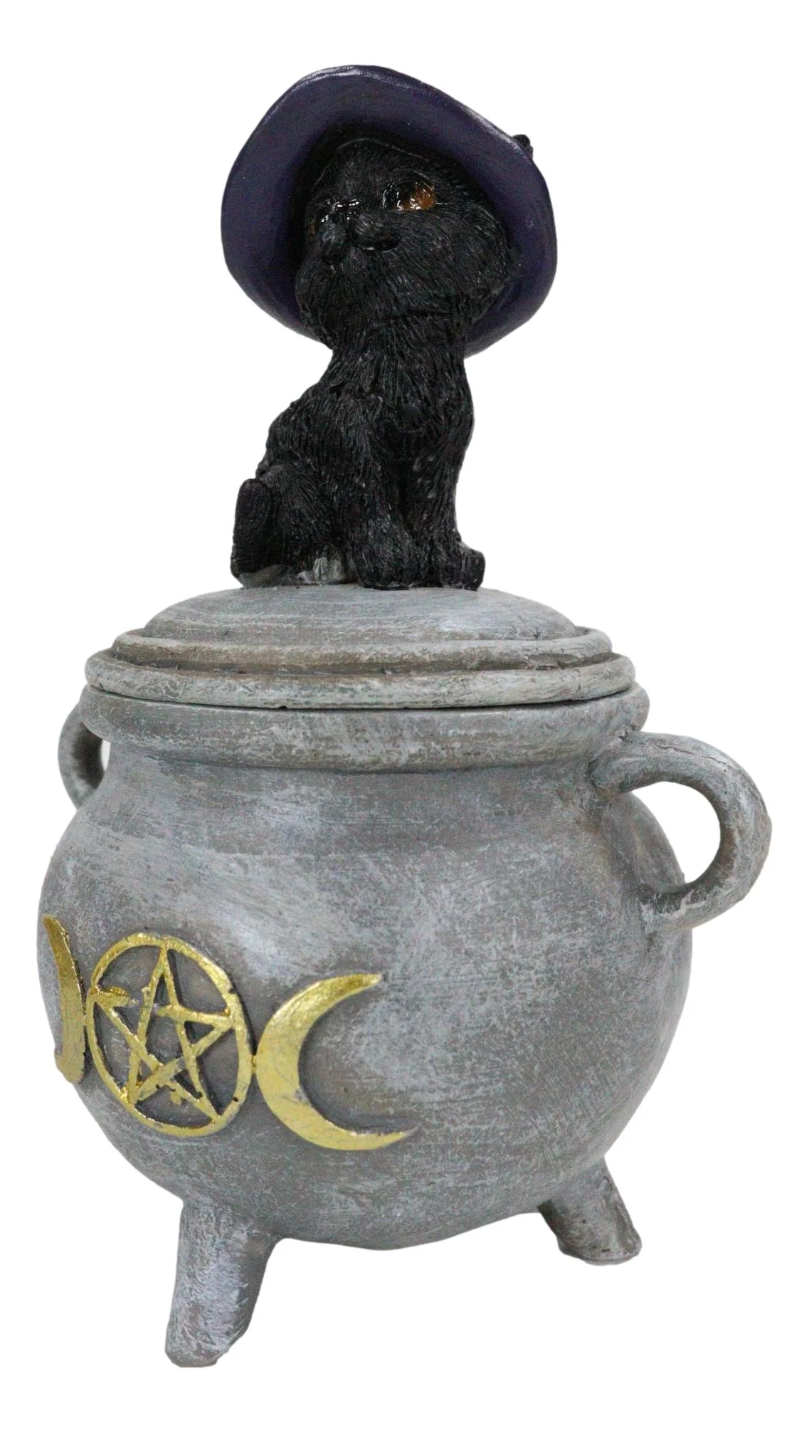 Halloween Wicca Black Cat With Witch Hat On Triple Moon Cauldron Decorative Box - Image 2