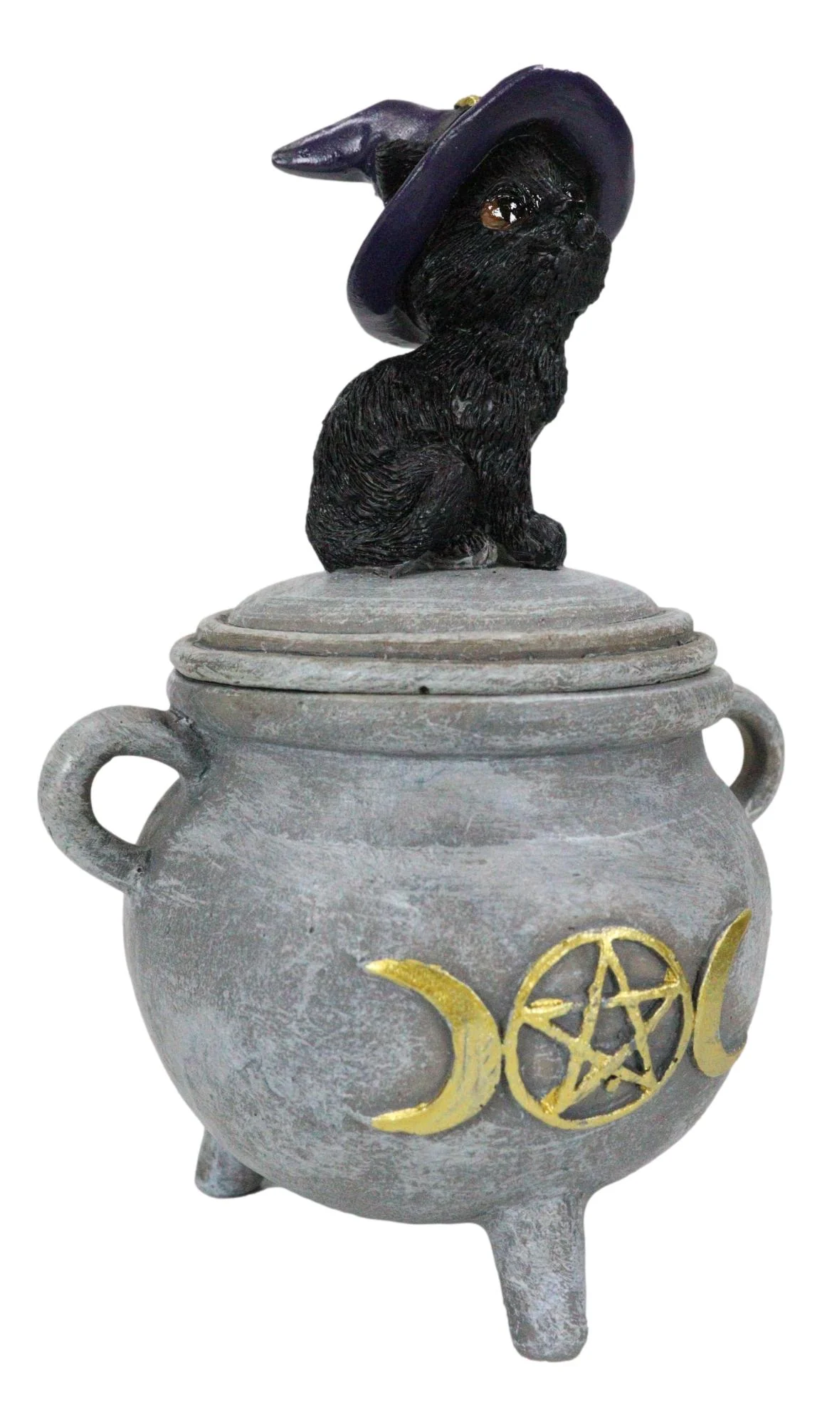 Halloween Wicca Black Cat With Witch Hat On Triple Moon Cauldron Decorative Box - Image 4
