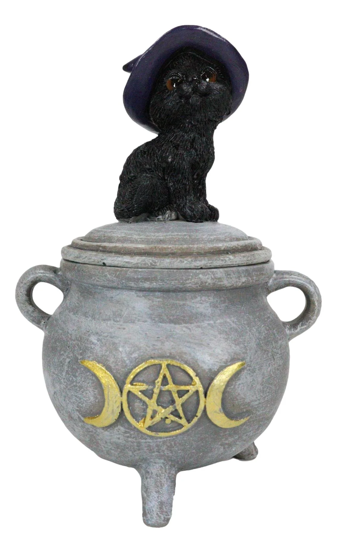 Halloween Wicca Black Cat With Witch Hat On Triple Moon Cauldron Decorative Box - Image 5