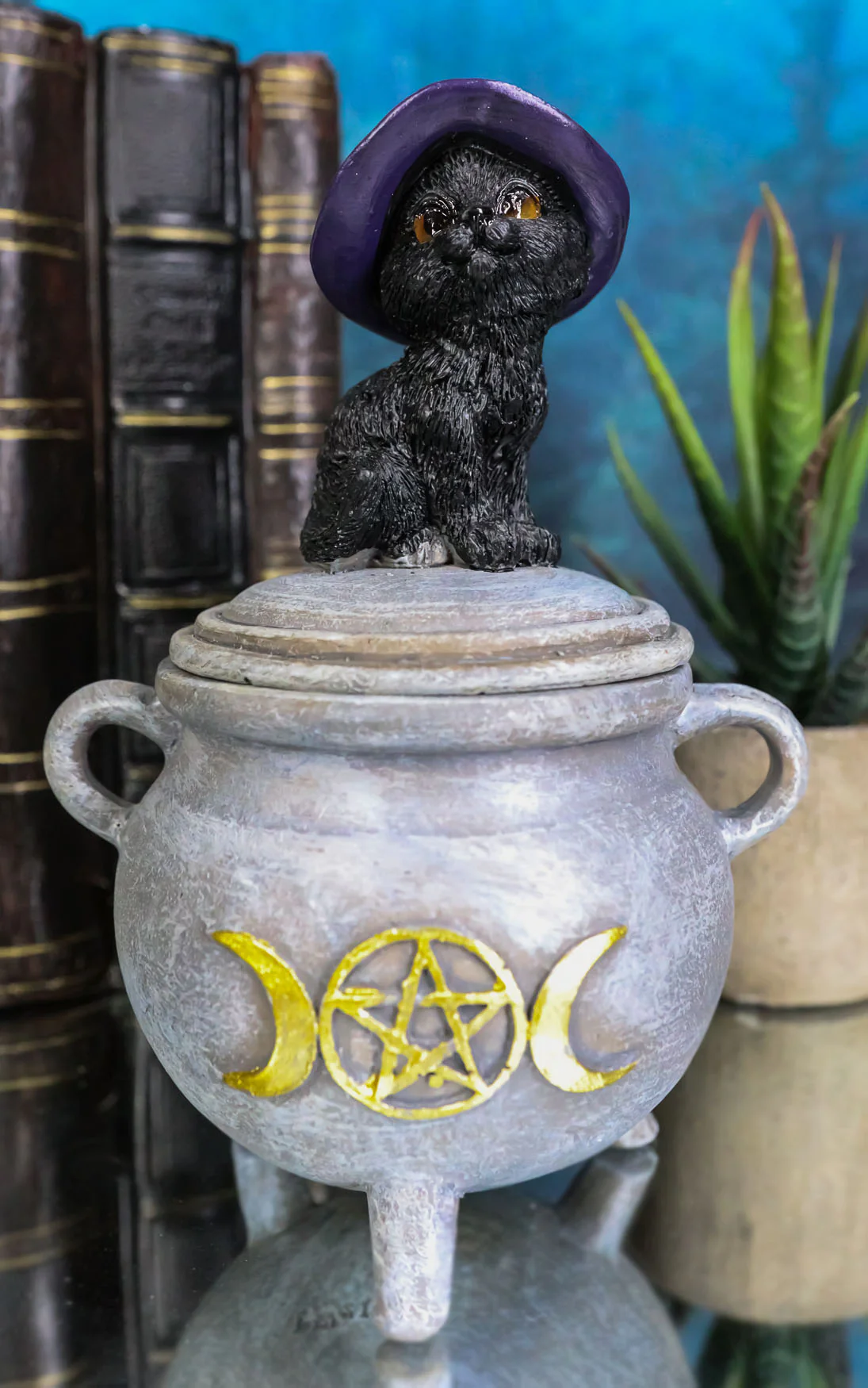 Halloween Wicca Black Cat With Witch Hat On Triple Moon Cauldron Decorative Box - Image 8