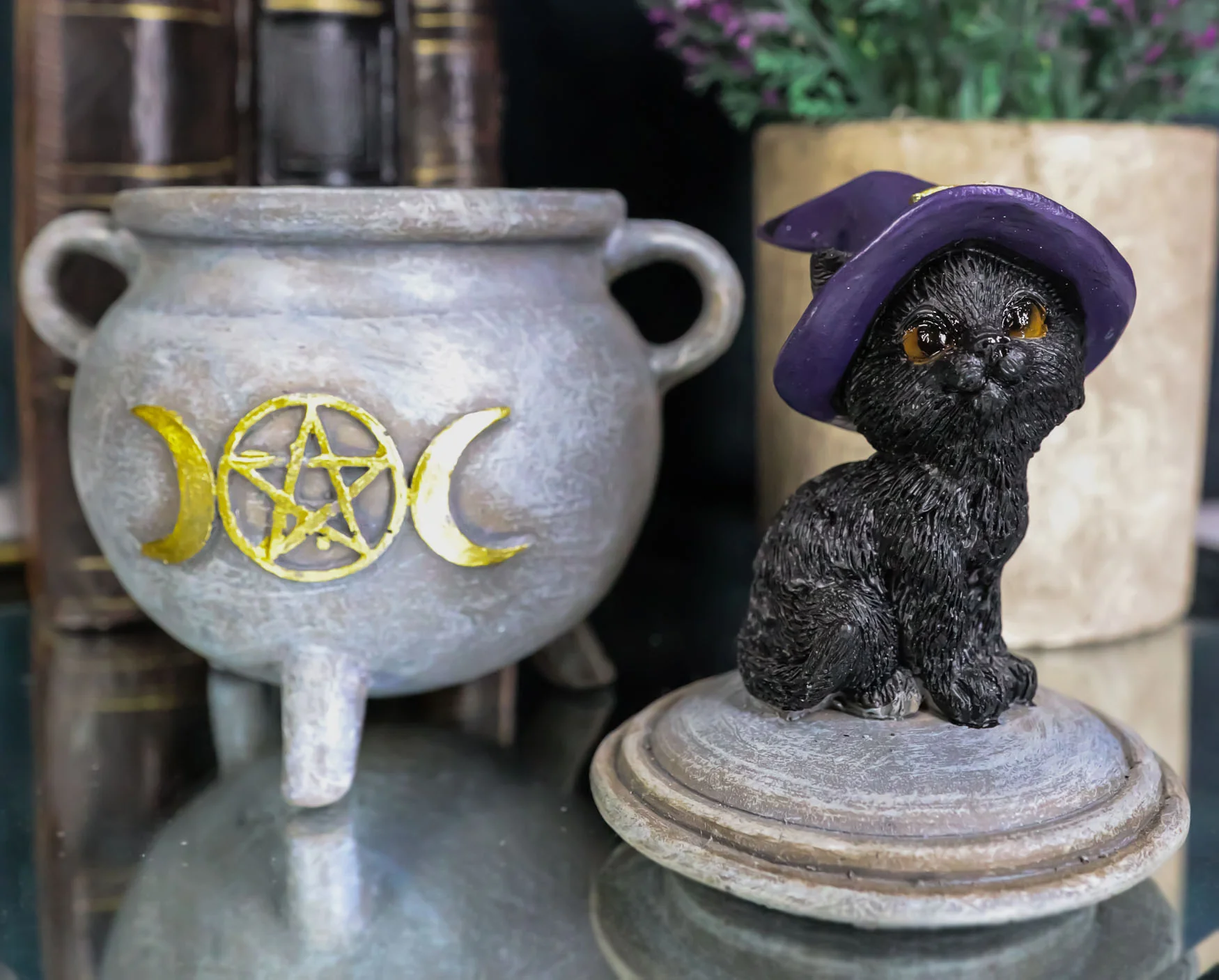Halloween Wicca Black Cat With Witch Hat On Triple Moon Cauldron Decorative Box - Image 9
